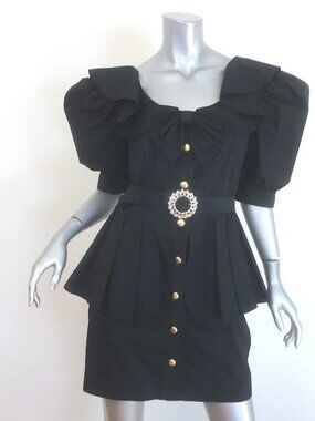Alessandra Rich Bow-Detailed Crystal Buckle Peplum Mini Dress Black Size 44